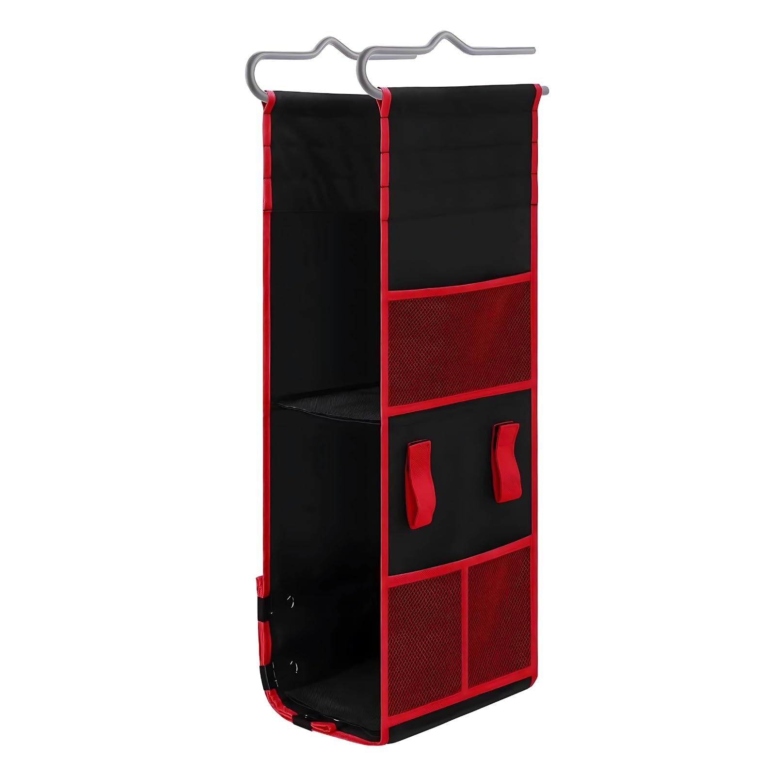 Organizer regolabile da appendere, in tessuto Oxford, con 3 ripiani, per libri e articoli vari, 90 x 22 cm, nero e rosso