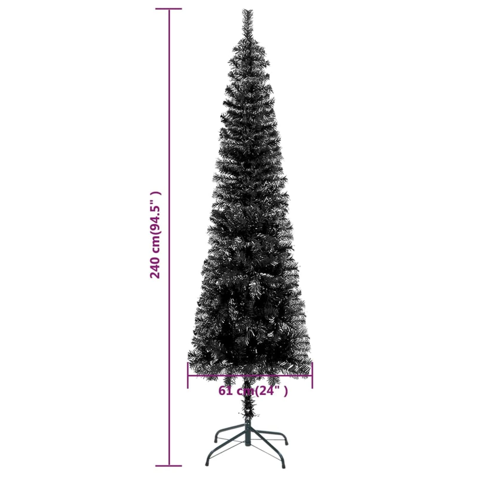 Homgoday Árbol de Navidad fino negro 240 cm, adornos navideños, árbol de Navidad, árbol de Navidad artificial delgado soporte