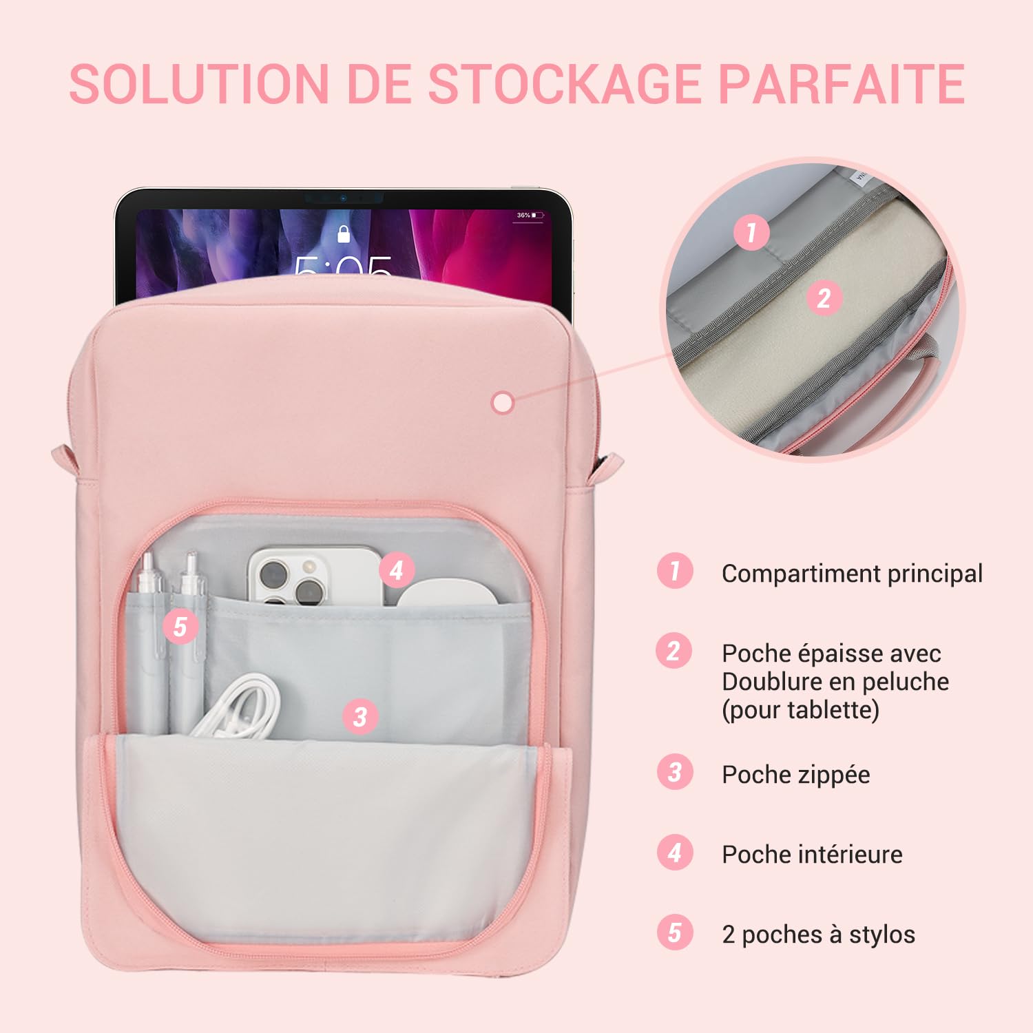 Housse Proctive avec bandoulière pour tablette de 13" – Compatible avec iPad Pro 11", 10e et 10,9", iPad 9/8/7e génération, Tab S8/S9 11" (rose)