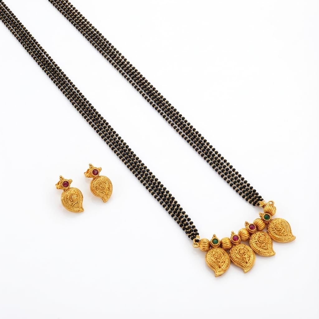 Traditional Indian Vati Mangalsutra | Antique Gold Plated Long Necklace with Red & Green Stone Pendant | Mangalsutra for Women Stylish-image-24