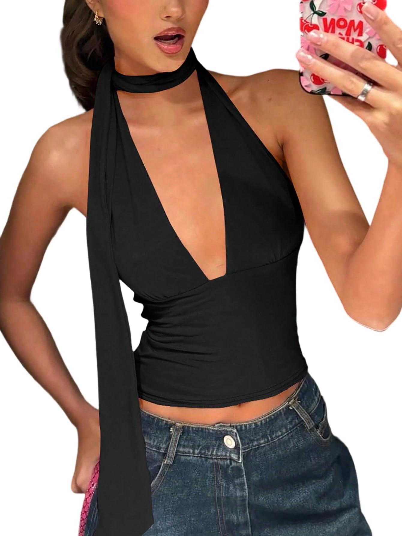 Photo 1 of SOLY HUX Sexy Tops for Women Going Out Halter Scarf Crop Top Deep V Sleeveless Backless Vest Party Clubwear Plain Black Small