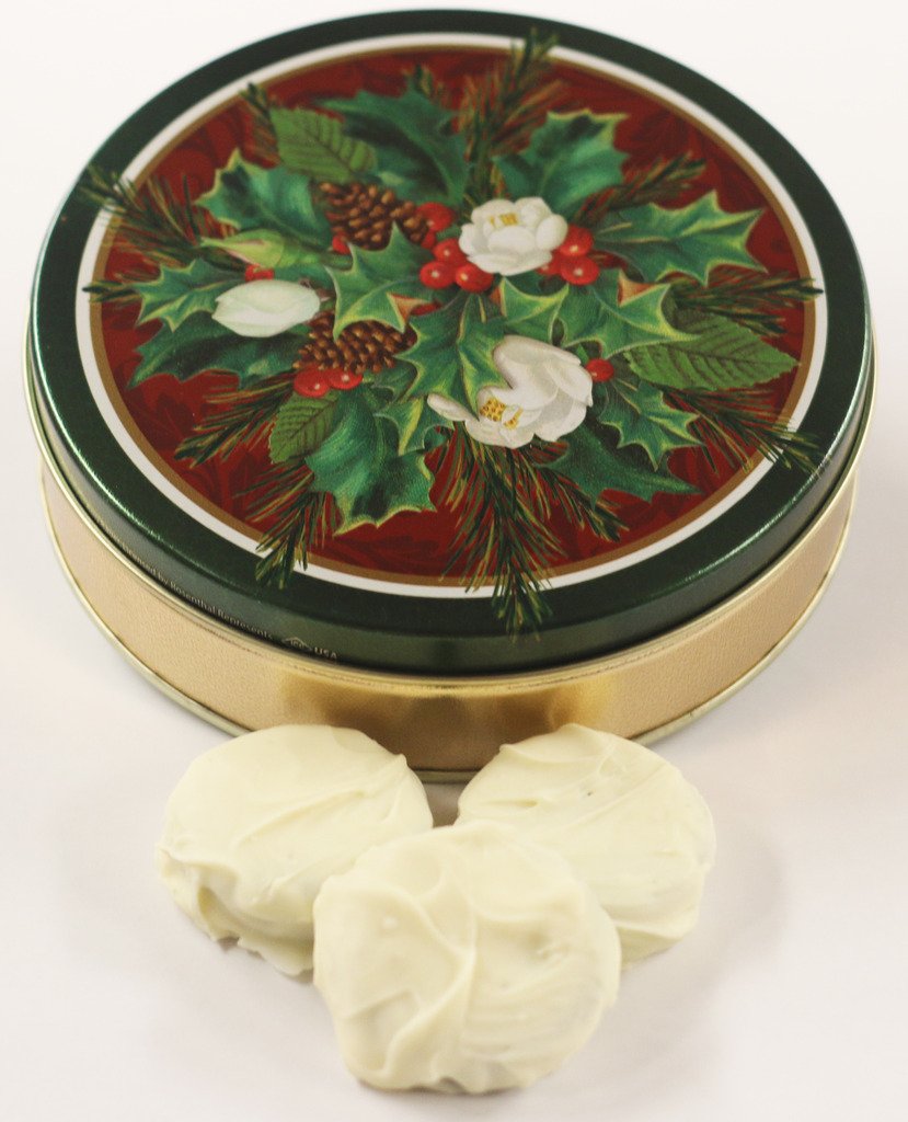 Scott's Cakes White Chocolate Covered Oreos in a Small Christmas Bouquet Tin