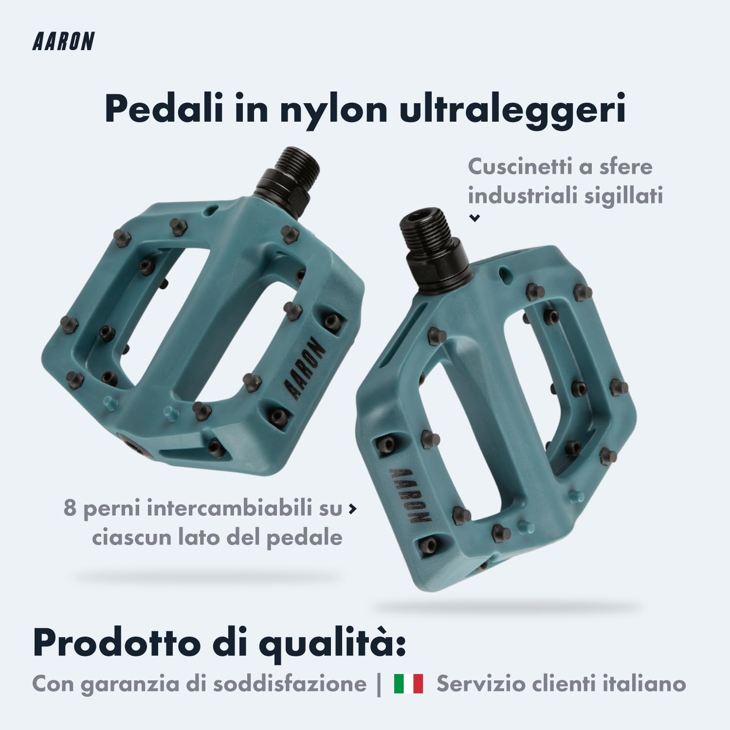 AARON Dirt MTB Pedali in fibra di nylon ultraleggera con cuscinetto a sfera industriale sigillato – antiscivolo grazie a 8 perni intercambiabili – Piattaforma per bici da dirtbike, e-bike, downhill,