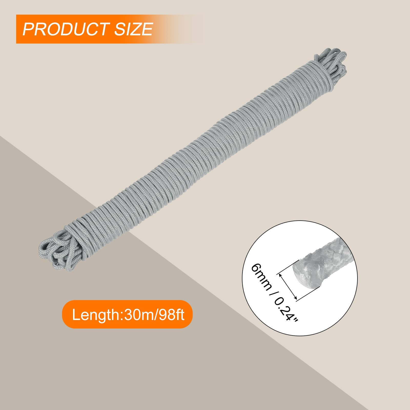 Rebower 1 Pcs Gray Nylon Rope 1/4"x98ft Solid Braided Cord Polypropylene Rope Utility Cord,[for Camping Tie Down, Securing - Image 2