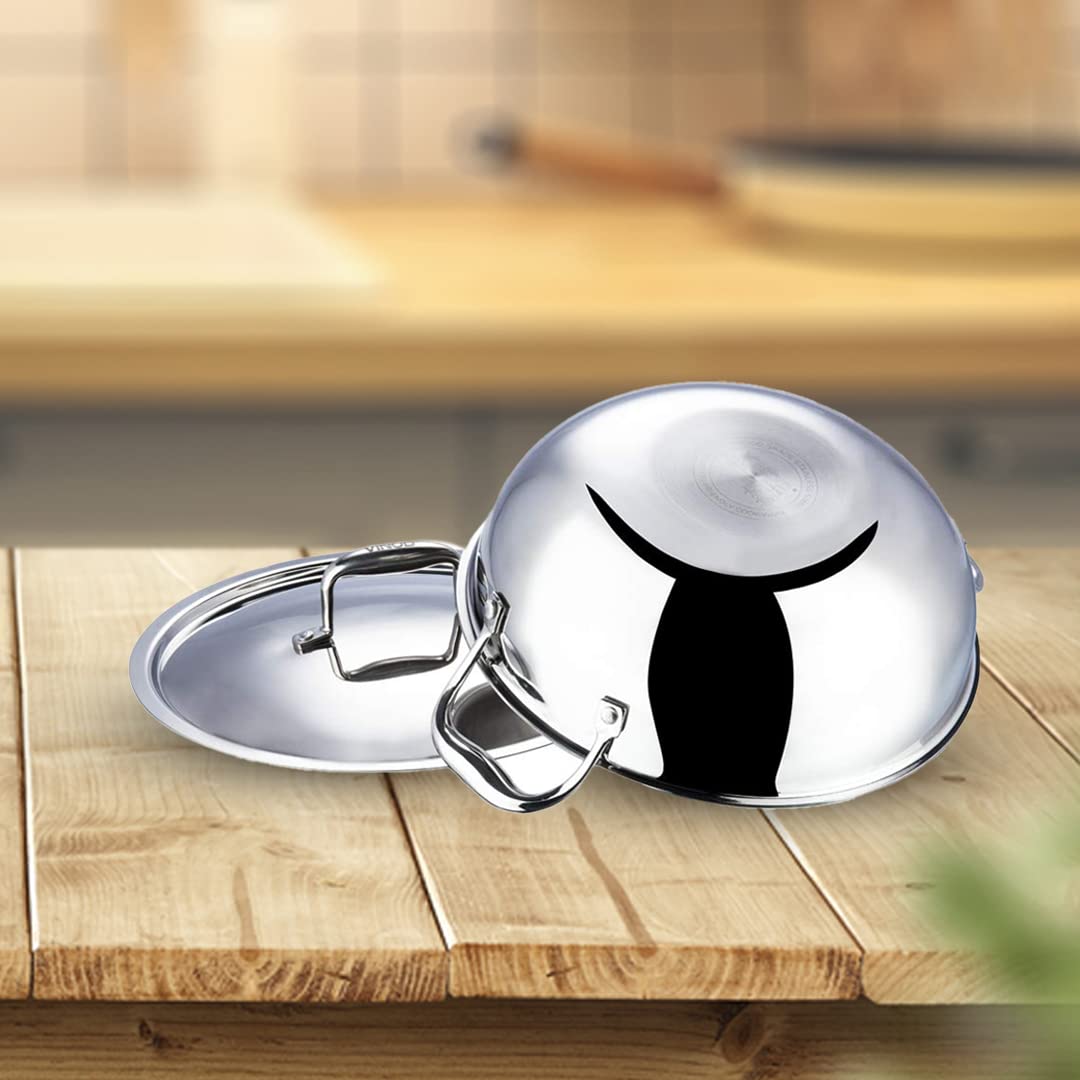 Kuber Industries Stainless Steel Kadhai with lid & Set of 3 Stainless Steel Kitchen Containers Set I Tri-ply Kadai Induction Base I Kadai 2.2 litres & 3 Assorted Storage Canisters 3