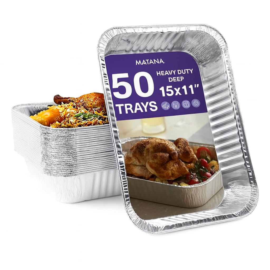 MATANA 50 Large Aluminium Foil Trays – 37×27cm (5000 ml) | Heavy-Duty Roasting & Baking Pans – Sturdy, Disposable or Reusable Food Containers, Oven & Freezer Safe — image 1