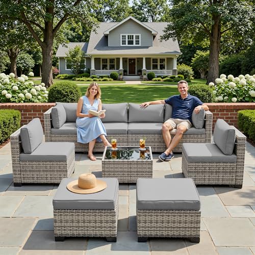 Sweecci 9-Piece Patio Furniture Set, Outdoor Sectional with Ottomans, Modular Patio Sofa, Dual-Strand Wicker Rattan, Rust-Resistant Frame, Backyard Furniture for Garden, Deck, Gray
