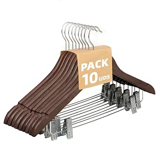 MERCURY TEXTIL - Perchas de Madera con Pinzas y Muescas Antideslizantes, Pinzas con PVC para No Dañar la Ropa, Gancho Giratorio 360°, Madera Pulida sin Astillas.(Marrón, 10 Unidades)