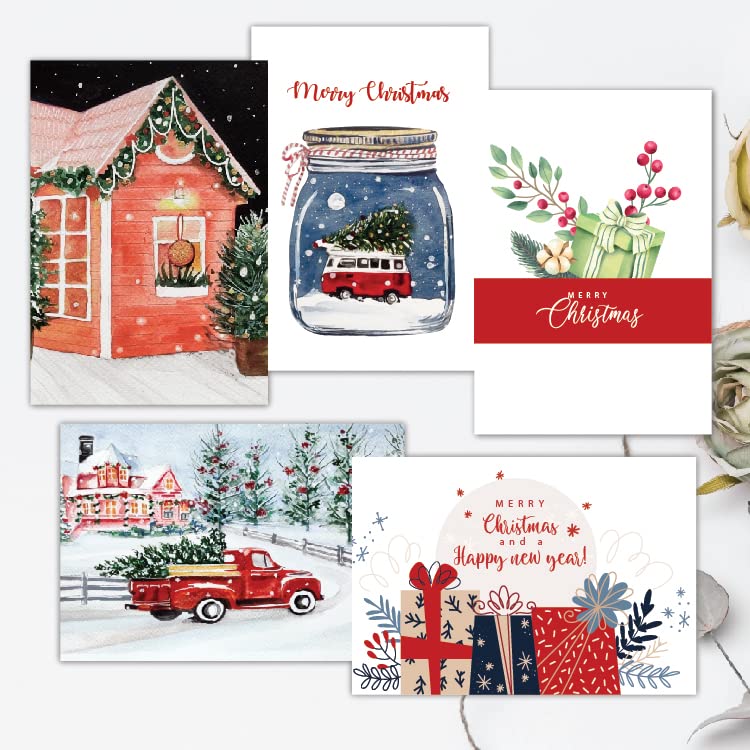 Christmas Greeting cards pack of 5 | 8 gift tags | digital print of Cheerful holiday watercolor illustration | Made on Imported Paper | Each card comes in a Red Envelope | 4"X6"