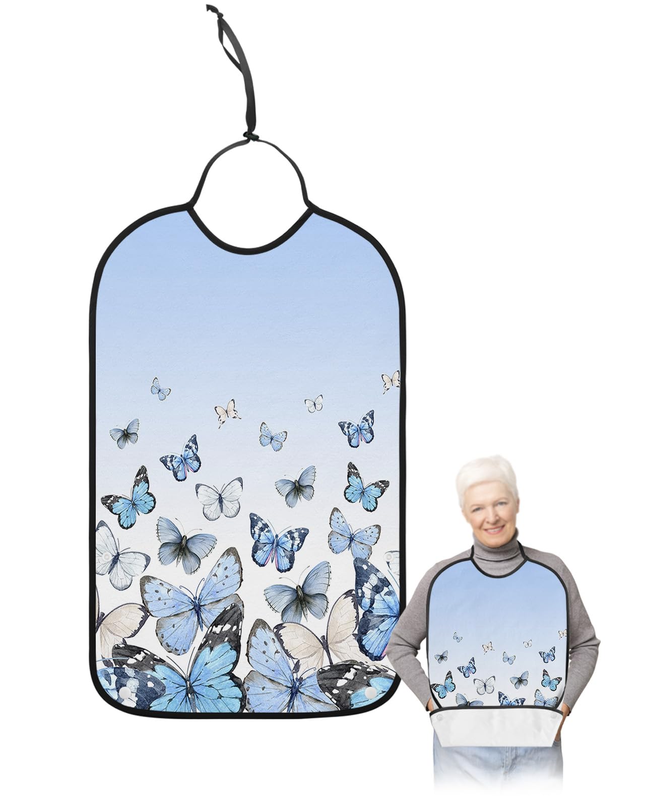 Adult Bibs for Elderly Women - Blue Ombre Waterproof Dining Clothing Protectors with Crumb Catcher for Eating/Feeding, Watercolor Blue Butterfly Modern Abstract Art Terry Cloth Bib Machine Washable