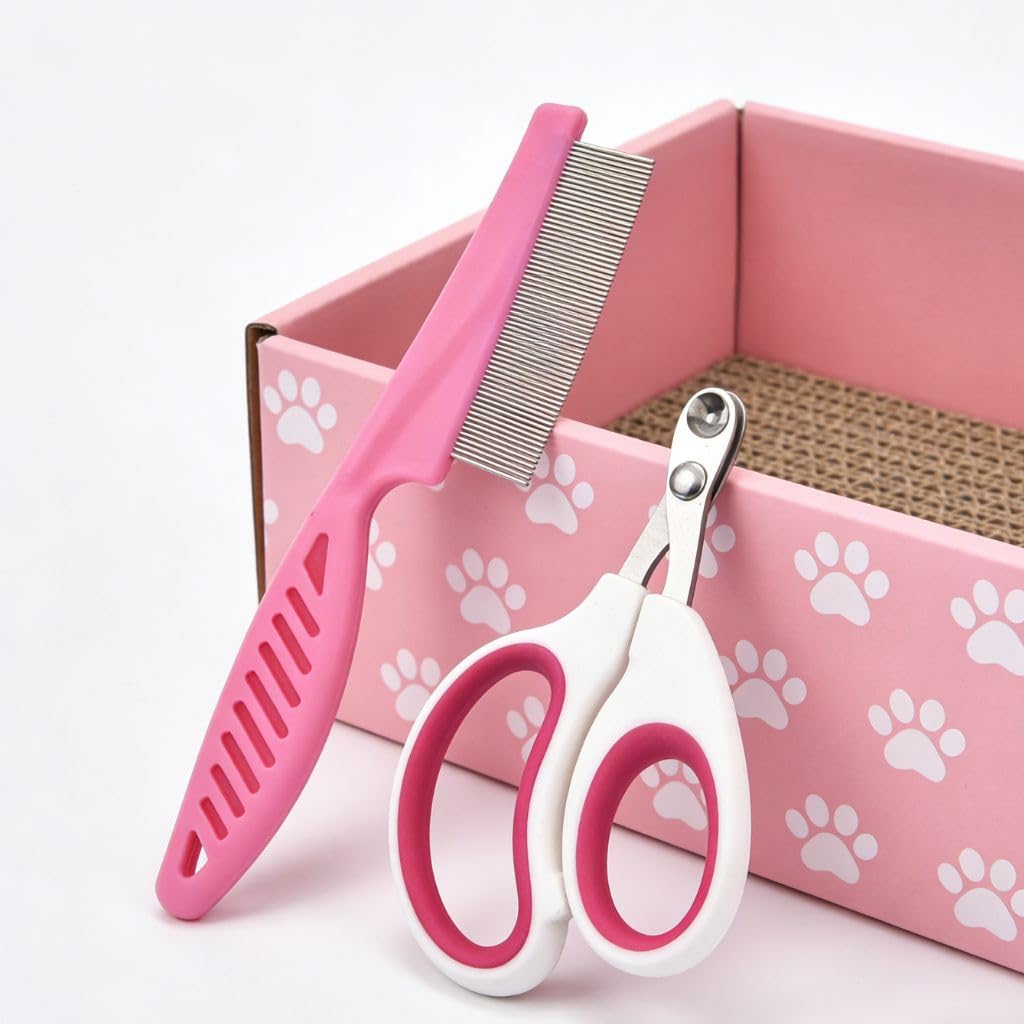 Pink Pet Grooming Kit, 2-Piece Comb and Small Scissors Set for Dog and Cat Coat Brushing & Detail Trimming