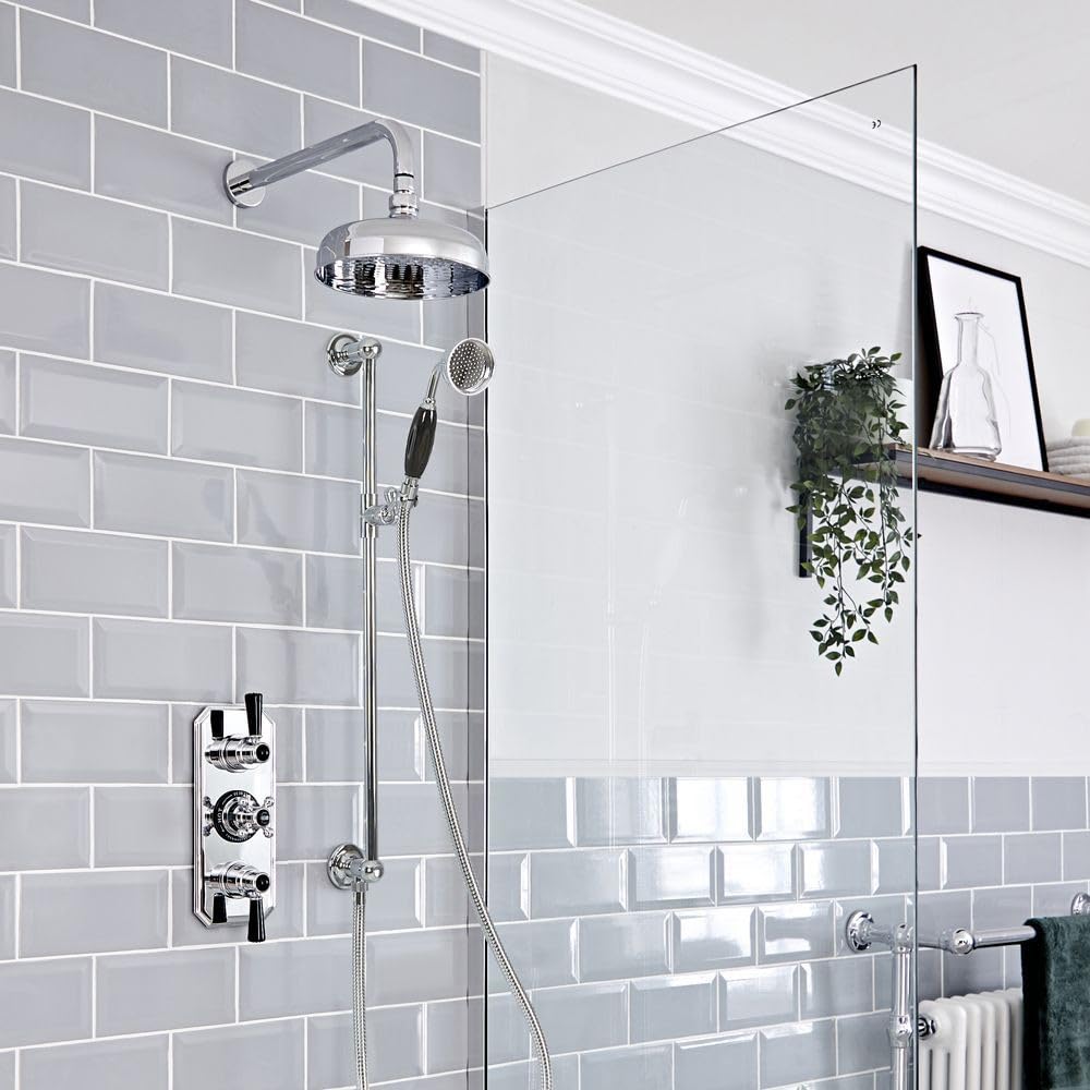 Milano Chrome & Black Elizabeth Thermostatic Mixer Valve 200Mm Round Shower Head Riser Rail - Chrome Black