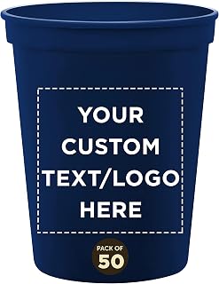 DISCOUNT PROMOS Custom Plastic Stadium Cups 16 oz. Set of 50, Personalized Bulk Pack - Perfect for Birthdays, Weddings, Picnic, Beach, Parties - Navy Blue