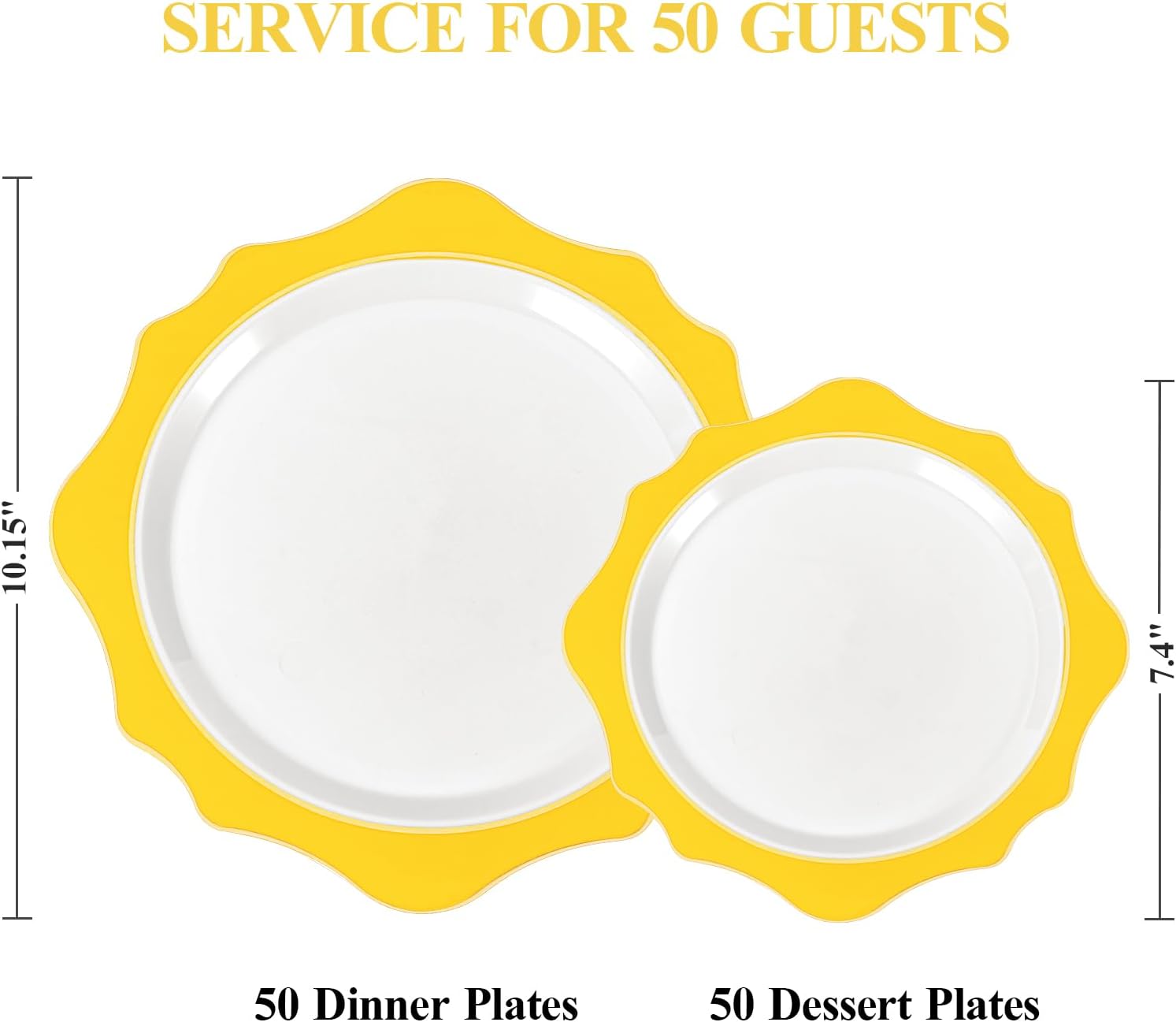 100 PCS White and Yellow Disposable Plates for 50 Guests, Scalloped Plastic Plates Include 50 Dinner Plates and 50 Dessert Plates for Party, Wedding - Image 2
