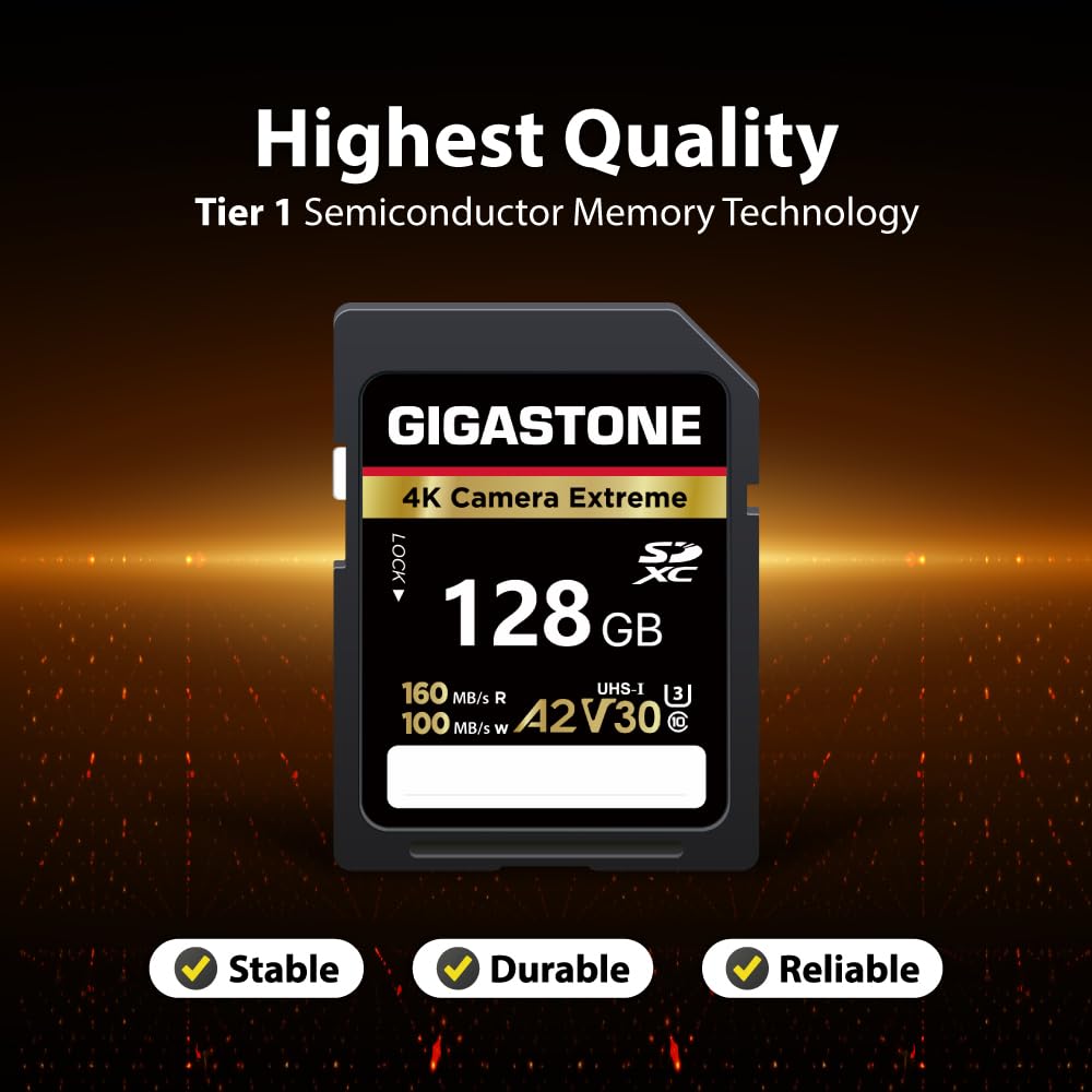 GIGASTONE Karta SD 128 GB, kamera 4K, prędkość do 160/100 MB/s, A2 V30 U3 SDXC 4K Ultra HD UHD Video do DSLR Canon, Nikon, Sony, Pentax, Kodak, Panasonic, z 1 mini etui