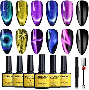 BURANO Esmalte de uñas de gel cateye 9D - esmalte de uñas magnético CAT Eye 6 color esmalte de uñas, con juego de barra de imán gel de esmalte de uñas cateye empapado en gel LED ultravioleta