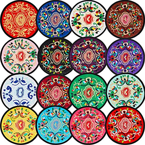Boao 16 Pcs Embroidery Fabric Coasters 5.12 Inch Round Vintage Boho Mexican Ethnic Floral Thick Silk Cloth Absorbent Non-Scratch Cup Mats for Home Decor Housewarming Gift, Mixed Colors