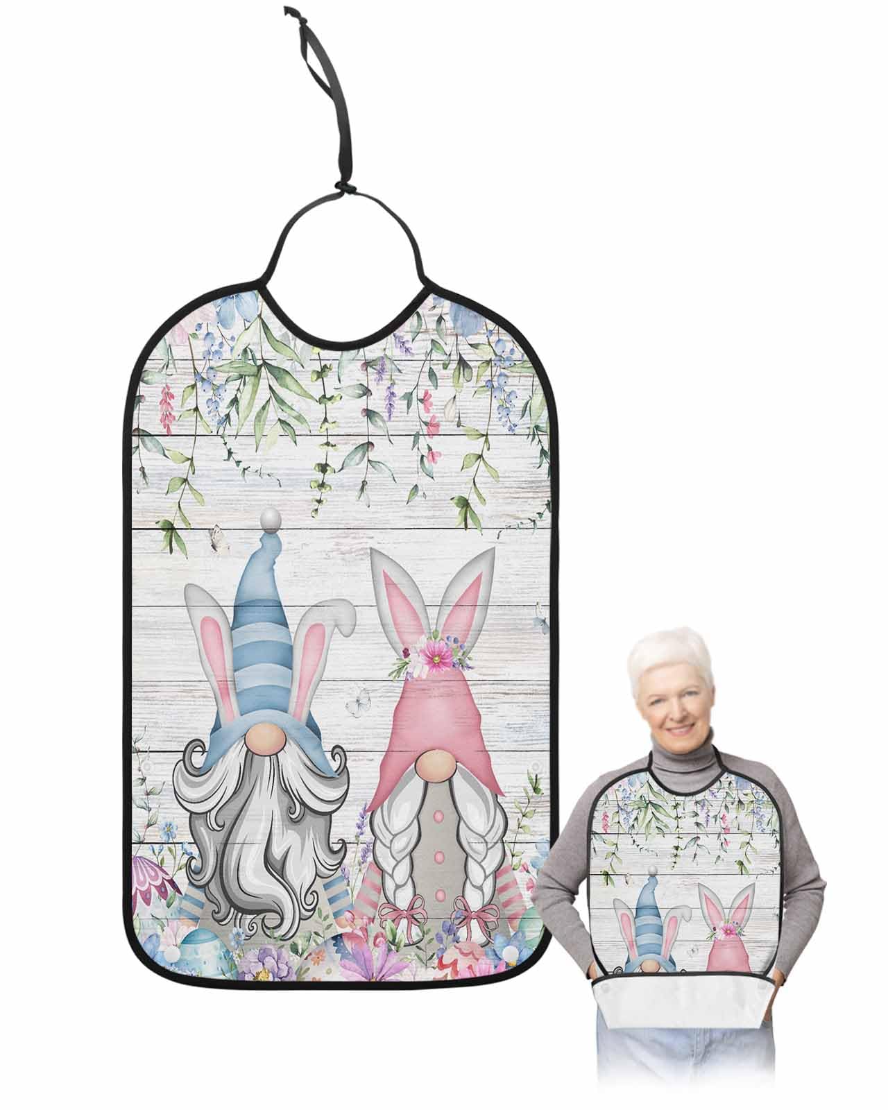 LEOKOTI Blue Pink Gnomes Easter Adult Bibs for Eating, Waterproof Bibs with Food Catcher & Snap Closure, Spring Floral Botanical Farmhouse Washable Clothing Protectors Adult Bibs for Elderly
