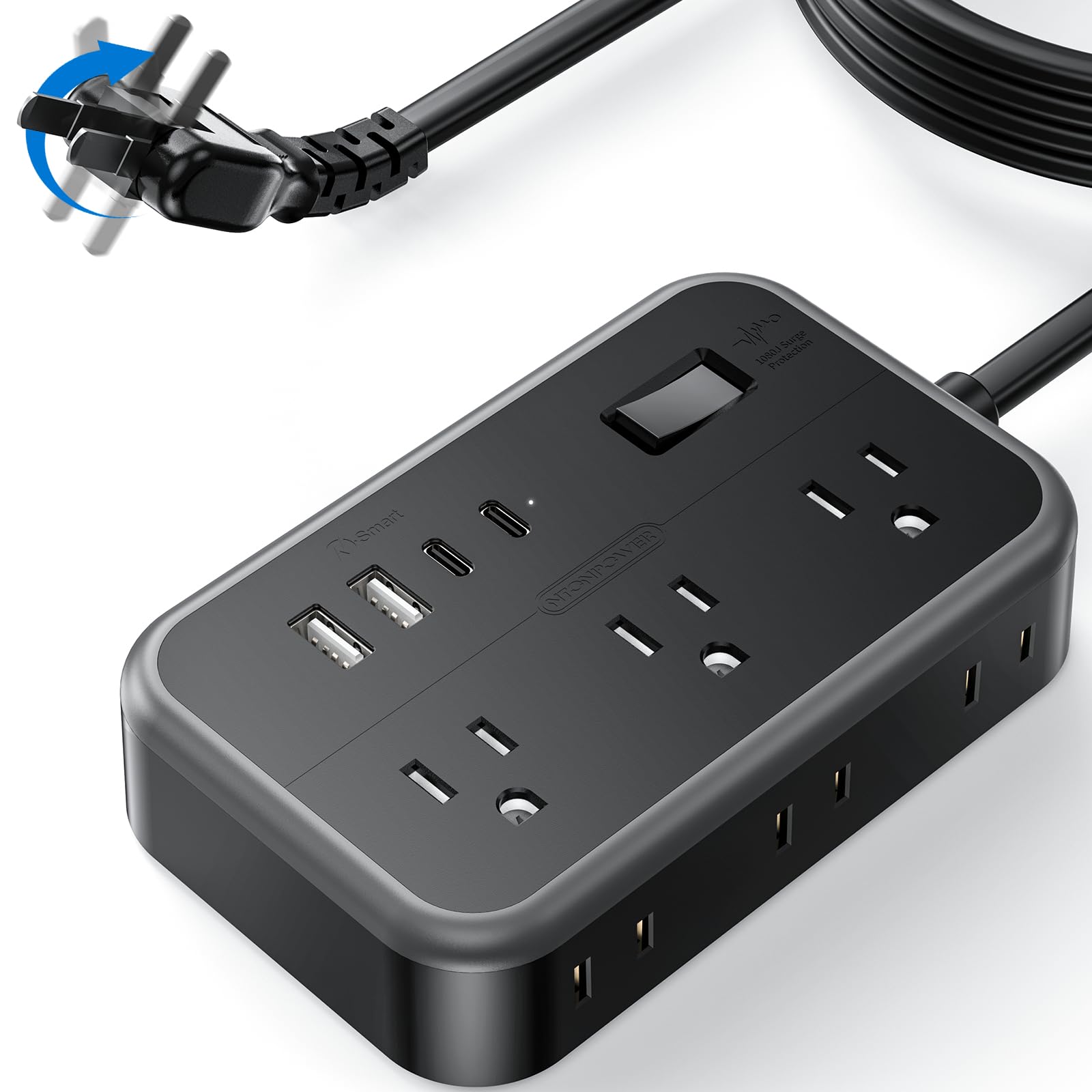 NTONPOWER 2 Prong Power Strip with 2 USB C+ 2 USB A, 1875W/1080J 2 Prong Surge Protector with 180° Rotating Flat Plug, 2 Prong Extension Cord with 6 AC Outlets, 2 Prong to 3 Prong Outlet Adapter