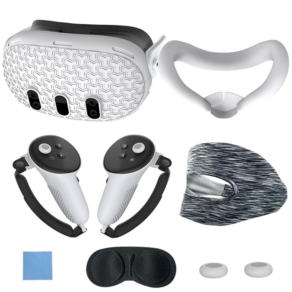 Silicone Cover Set Compatible with Oculus/Meta Quest 3, VR Accessories Protective Cover Includes Controller Grips, Front Shell Headset Cover and Face Cover, Lens Protector, Gift for Christmas (White)