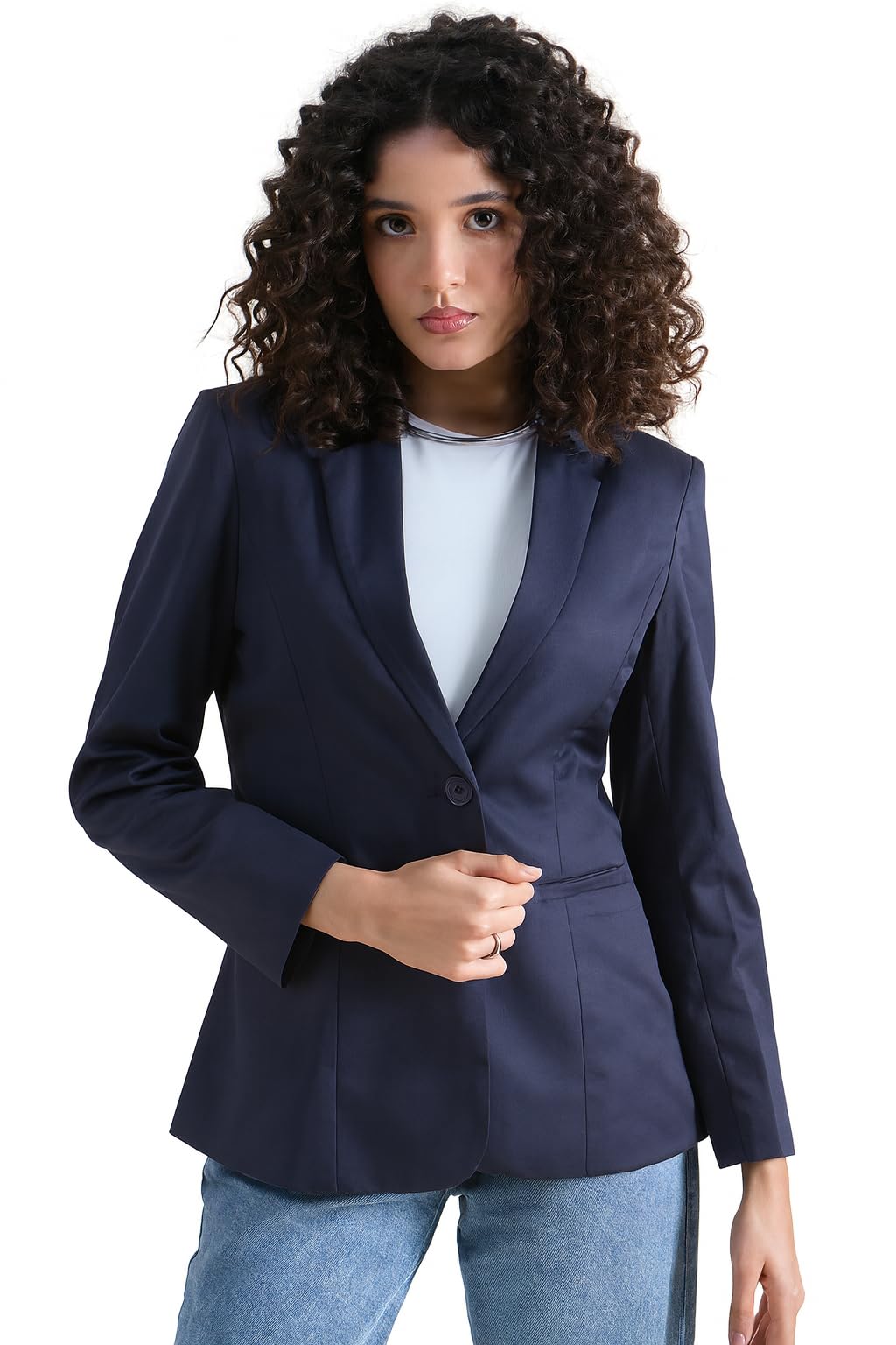 powersutra Poly Cotton Navy Blue Blazer for Women Formal Wear | Office Wear Dress for Women | Casual Women Blazer | Single Breasted | Notched Collar | Button Closure-picture-36