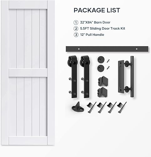 Miniatura 9 de EaseLife Puerta de granero blanca de 32 x 84 pulgadas con kit de herrajes para puerta corredera de 5.5 pies incluido y asa, cubierta de madera