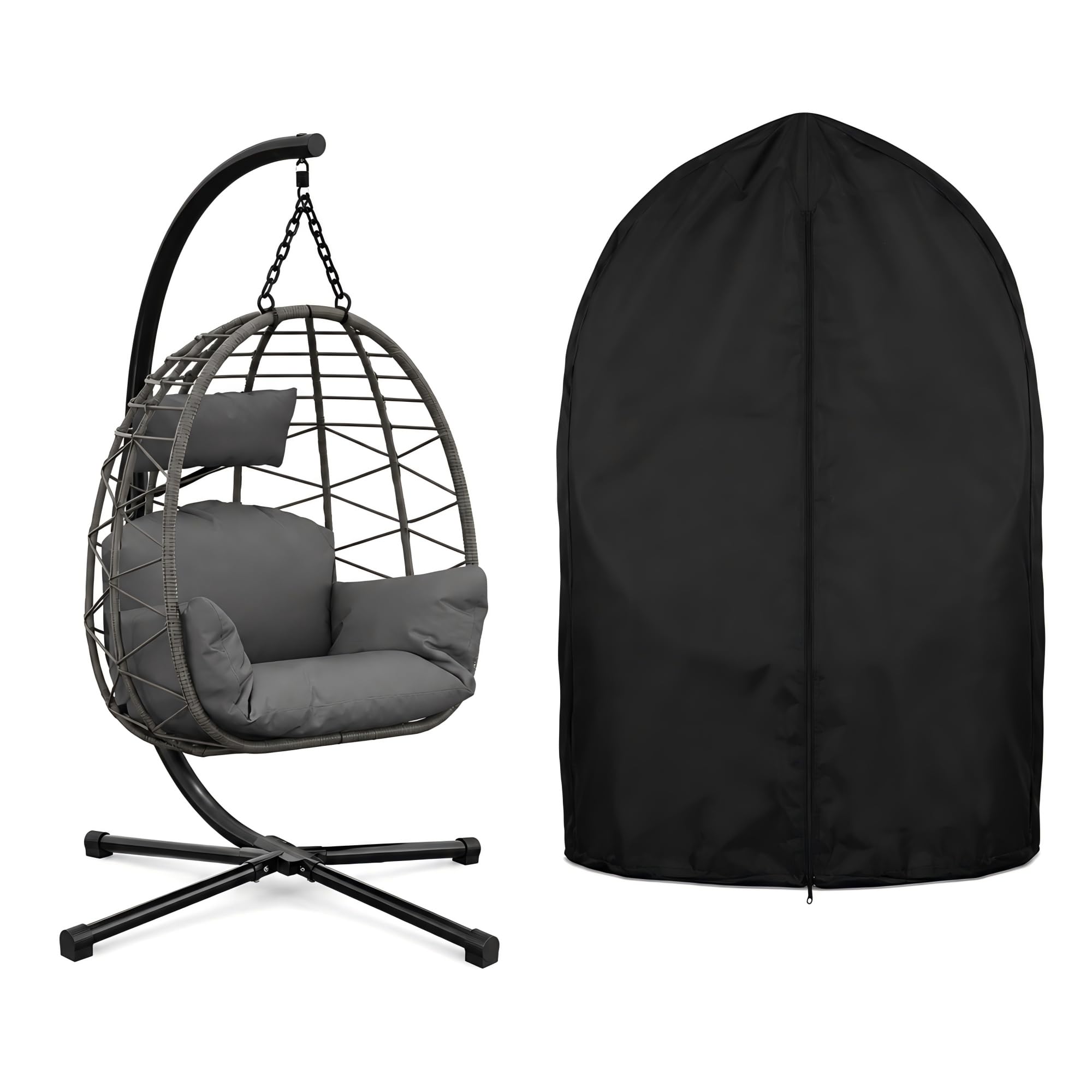 Garvee Silla Colgante de Huevo Plegable Vertical con Soporte de Acero Robusto, Cojines Impermeables y Funda Protectora para Jardín Terraza Balcón y Salón, Capacidad 150kg, Ratán Gris y Cojín Gris