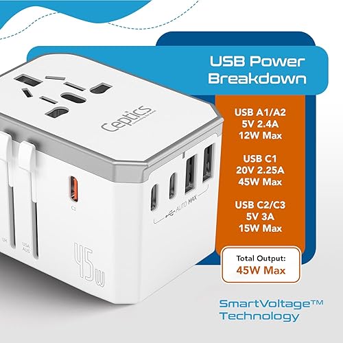 Miniatura 6 de Ceptics Adaptador de viaje universal 6 en 1 con 2X USB-A y 3X USB-C, 45 W para uso global, compatible con EE. UU., UE, Reino Unido y más, blanco