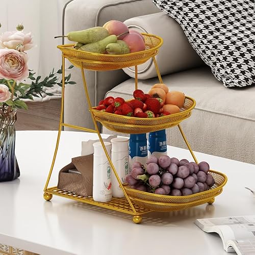 JUNYFFF Tiered Fruit Basket – 33X28x23cm – Modern Fruit Bowl Large 3 Tier – Fruit Basket Etagere in Metal for Keeping Fruit, Vegetables And Bread,Gold