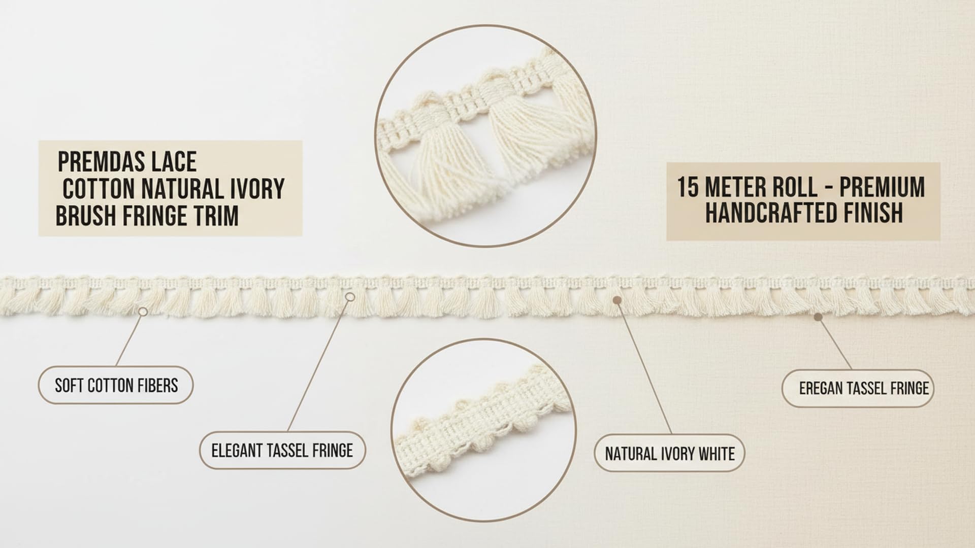 Premdas lace Indian Cotton Natural Ivory 100% Cotton Brush Fringe Trim Decorative Cotton Fringe Trim Cream Tassel Fringe, Matte Fringe 15 Meter (White) 3
