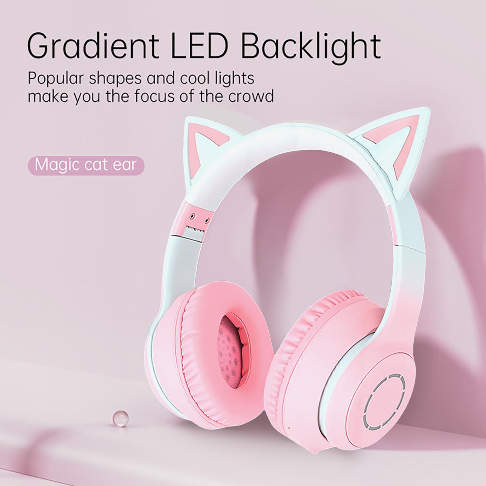 Kabelloses Gaming-Headset, niedliche Katzenohren, Bluetooth 5.3, LED-Beleuchtung, abnehmbares Mikrofon, 40-mm-Treiber, 3,5-mm-AUX-Kabel, faltbar, Bequeme Ohrpolster (PINK)