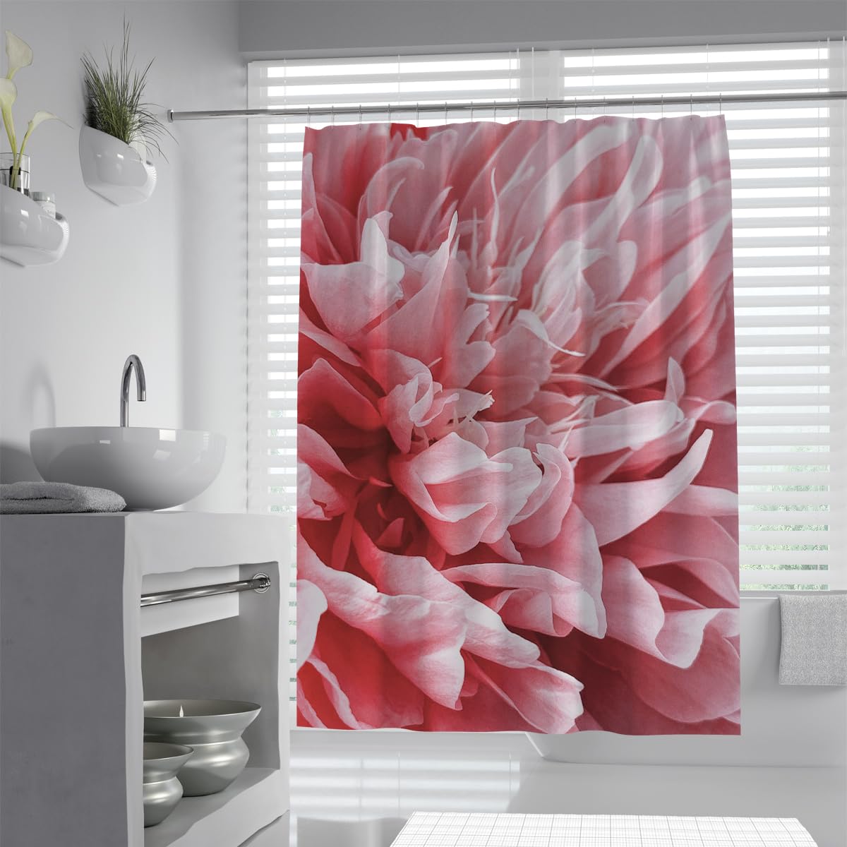 UIRINGART Pink Dahlia Petals Bath Curtain W180xL200cm Macro Blossom Flower Watercolor Waterproof Mildew Resistant Bathroom Curtain with Hooks