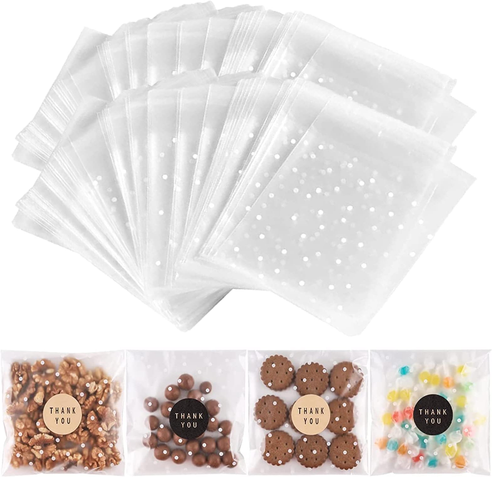 200 Pcs 5.5x5.5inch Self Adhesive White Polka Dots Plastic Cookie Bags with 200 Thank You Labels for Candy Cookie Chocolate Small Treat Bags