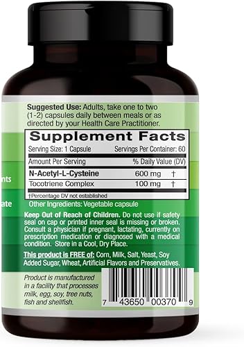 Miniatura 2 de EMERALD LABS NAC 600mg - N-acetil-L-cisteína - Suplemento vegano de aminoácidos que apoya la desintoxicación - 60 cápsulas vegetales (suministro