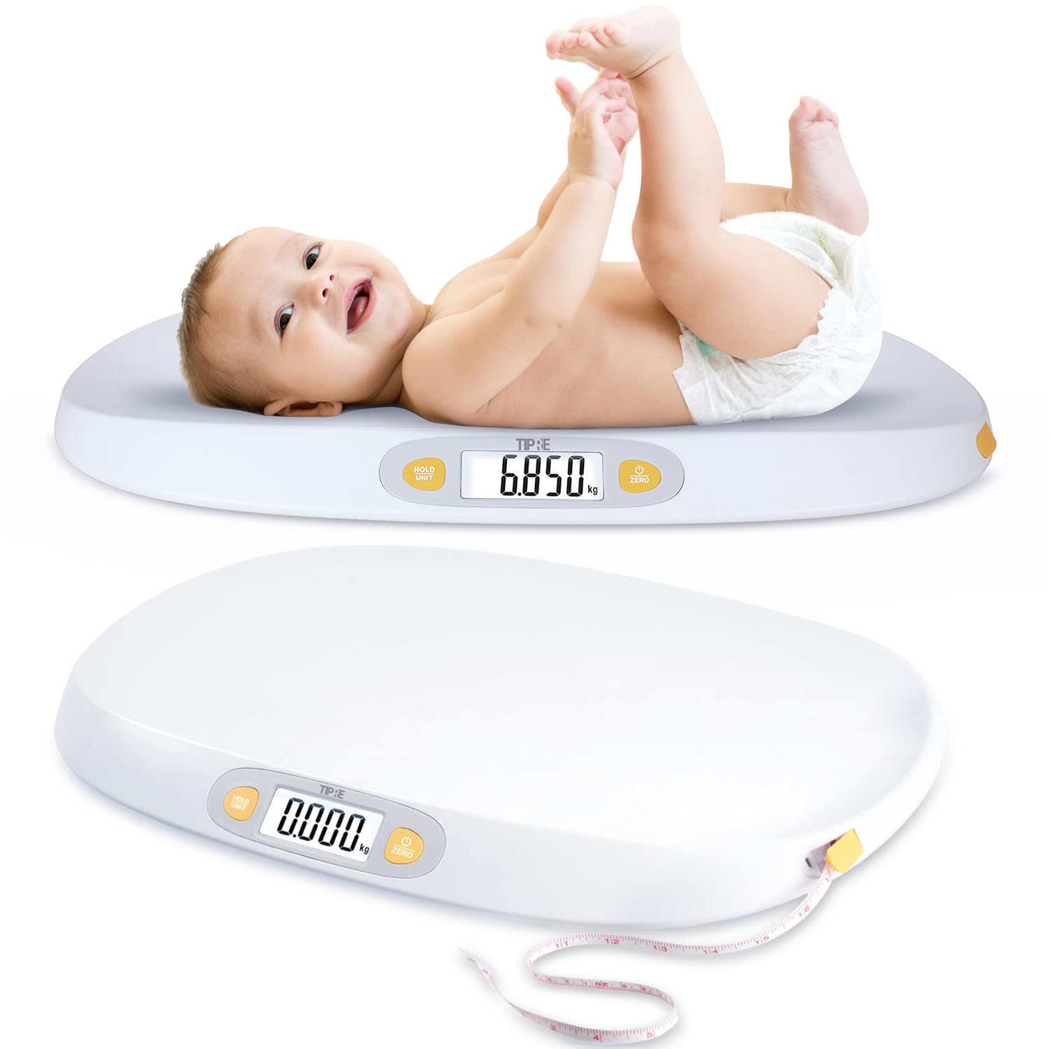 TIPRE Babywaage zum Wiegen, 24.9 kg/0.0 kg Digitale Säuglingswaage für gewichtete Fütterungen mit Höhenmessband Gewichtsvergleich Haltefunktion, Haustierwaage für Katzen/Hunde, LCD-Display, Große