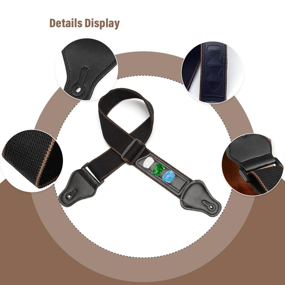 Sangle Guitare KXUSW En Coton Avec Extrémités Cuir PU - Longueur Réglable 90-145 Cm - Inclut 6 Médiators - Noir