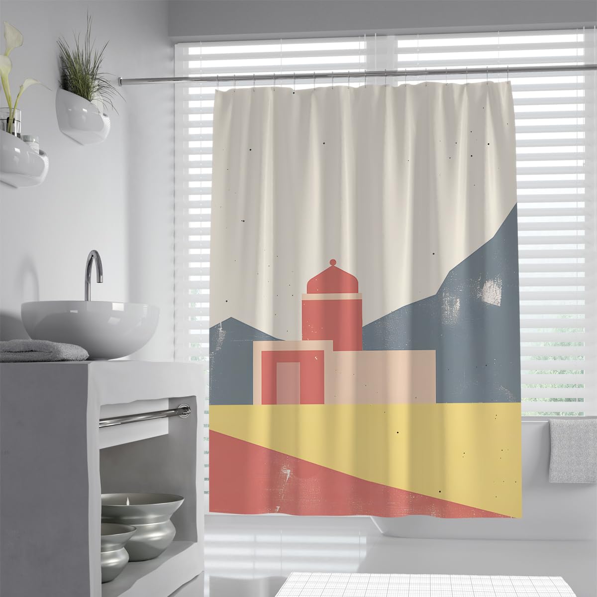 UIRINGART Geometric Shower Curtain W200xL240cm Mid Century Modern Moroccan Architecture Bathroom Accessories Mould Proof Quick Dry Water Repellent Wet Room