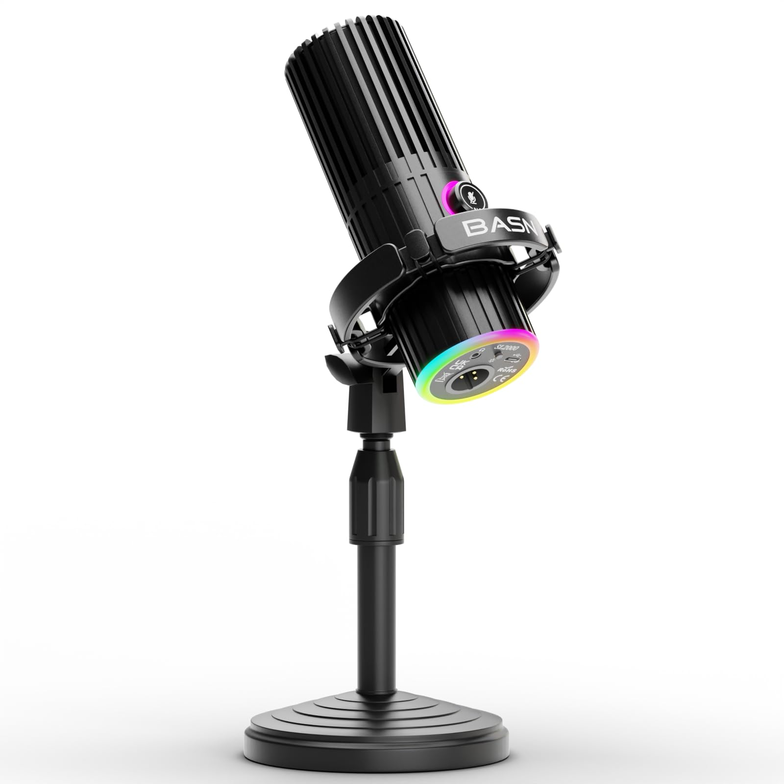 BASN Micrófono dinámico USB/XLR para podcast, transmisión en vivo, grabación de juegos con botón de silencio RGB, monitoreo de auriculares y soporte para micrófono (SL2000), color negro