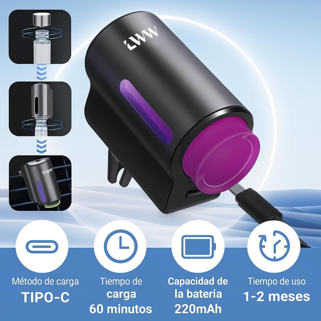 LWW Smart Car Air Freshener - 3 Levels Strength with Ventilation Clip, Rechargeable Car Fragrance Atomizer - with 8 10ml Bottles of Fragrance, Long Lasting Oil Diffuser (Black) - Image 4