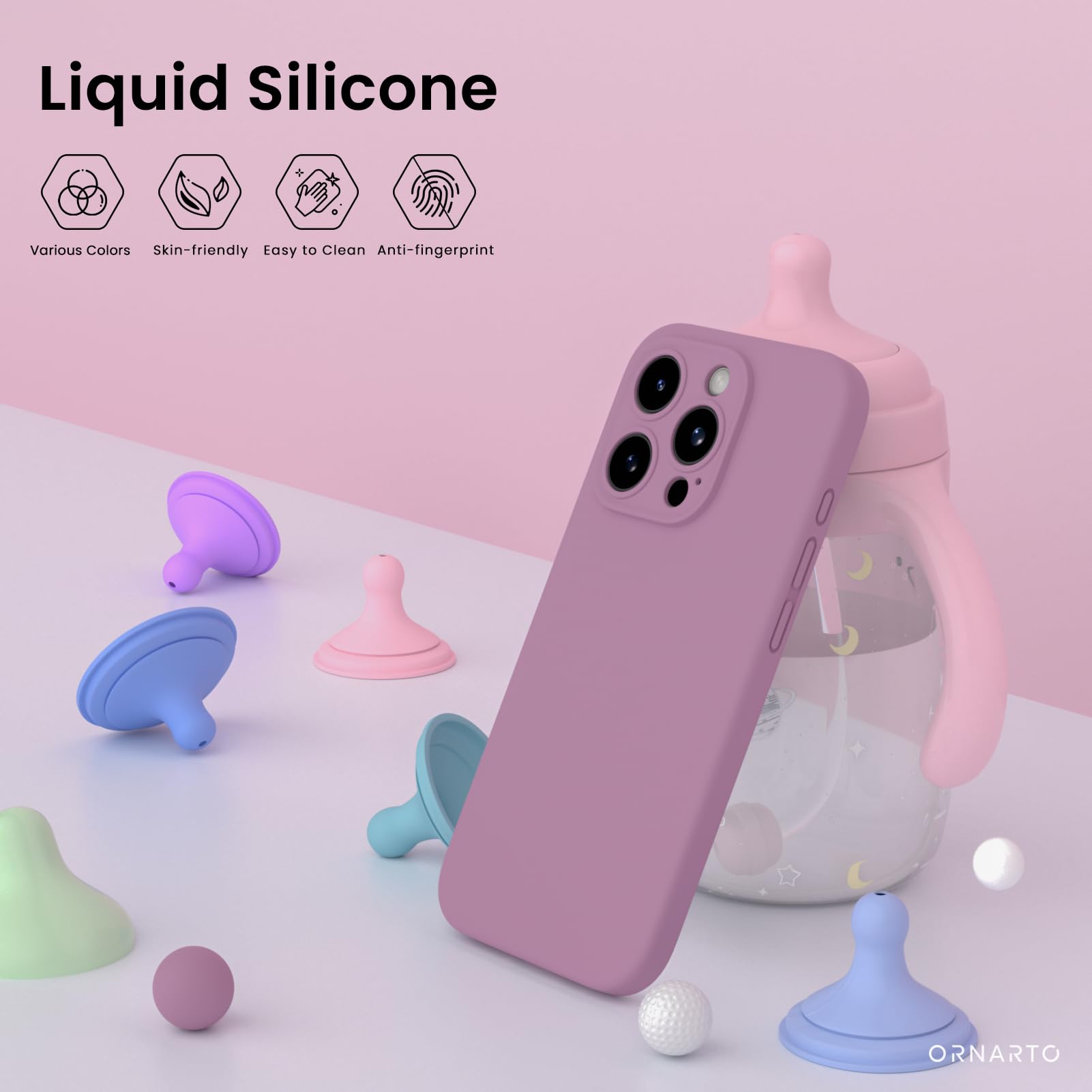 ORNARTO Cover per iPhone 15 pro Silicone 6.1 Pollici, con 2 Pellicola Vetro Temperato, Morbido Silicone Liquido Protezione, Antiurto Ultra-Sottile Protezione Custodia iPhone 15 pro-Malva Cover