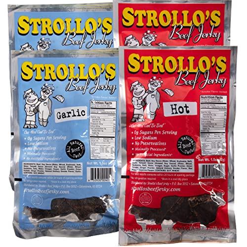 Strollo’s Beef Jerky Snack Packs - Garlic & Hot 6 Pack - 1.5 oz Each - Low Carb, Zero Sugar, Low Fat - All Natural USA Beef - USDA Certified - High Protein Smoked Meat Snack - Tender & Flavorful
