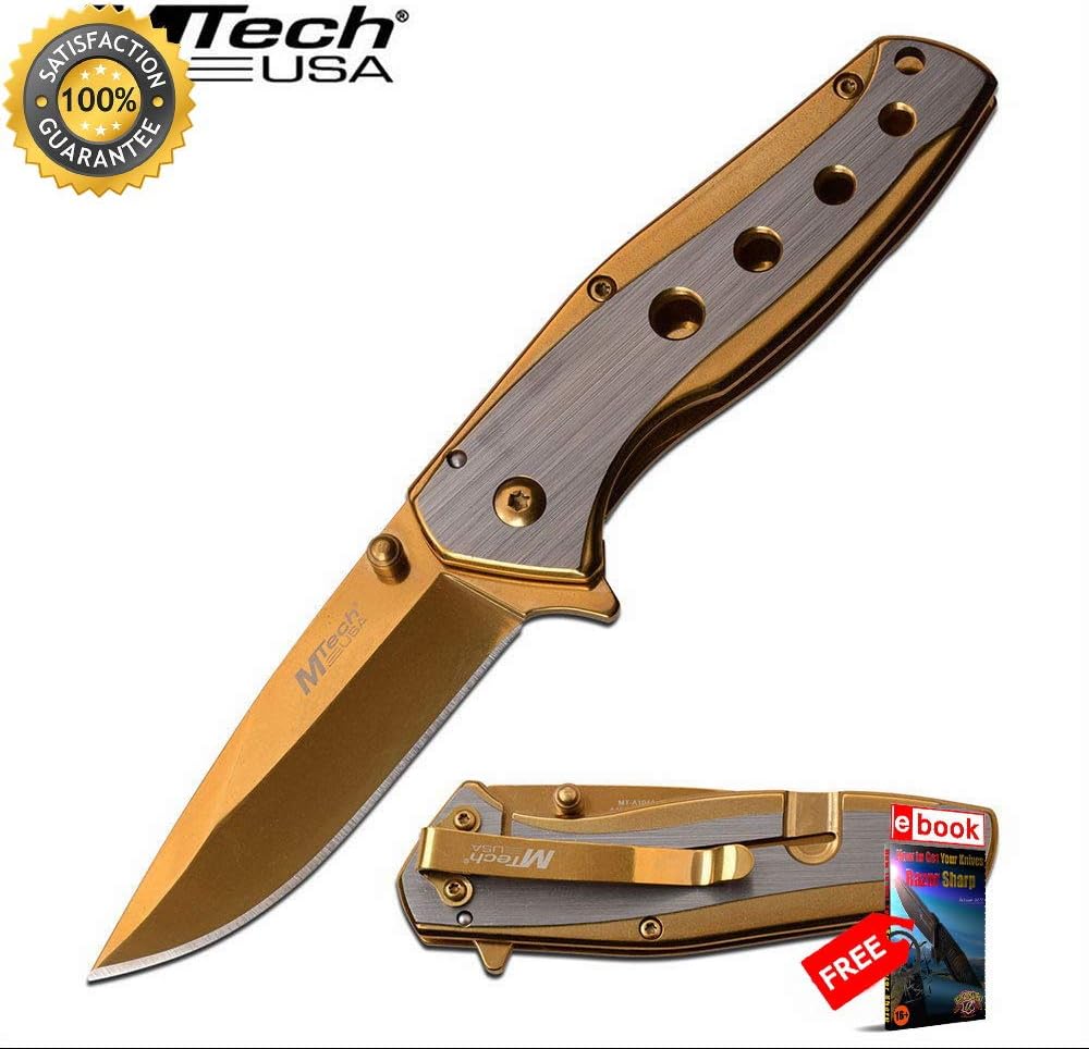 SPRING ASSISTED Folding Sharp KNIFE Mtech 3.5'' Gold Mirror Tinite
