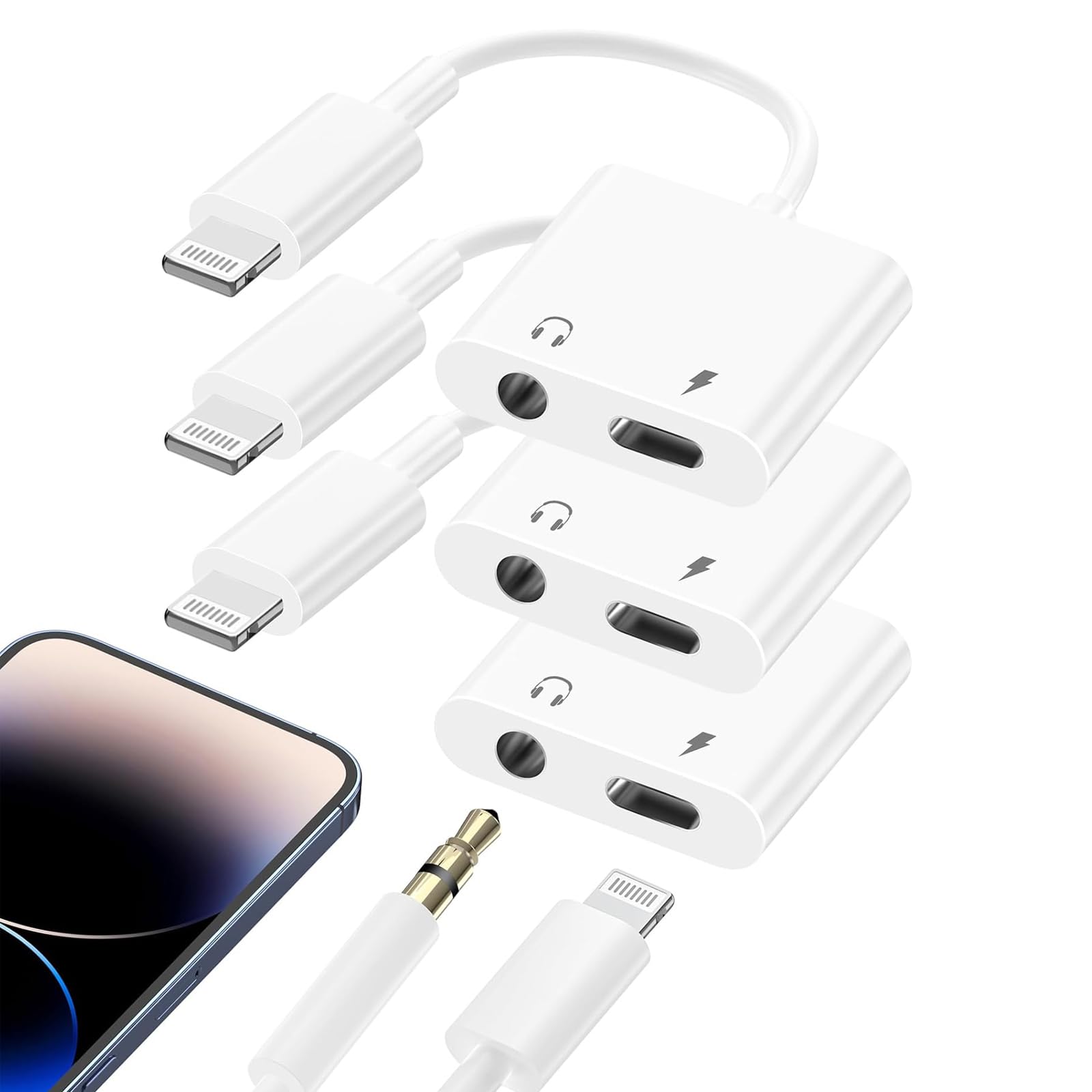 Lightning to 3.5 mm Headphone Jack Adapter, [MFi Certified] 3 Pack 2 in 1 Headphone Audio & Charger Compatible for iPhone 14 13 12 11 XS XR X 8 7 6 iPad,Support All iOS System