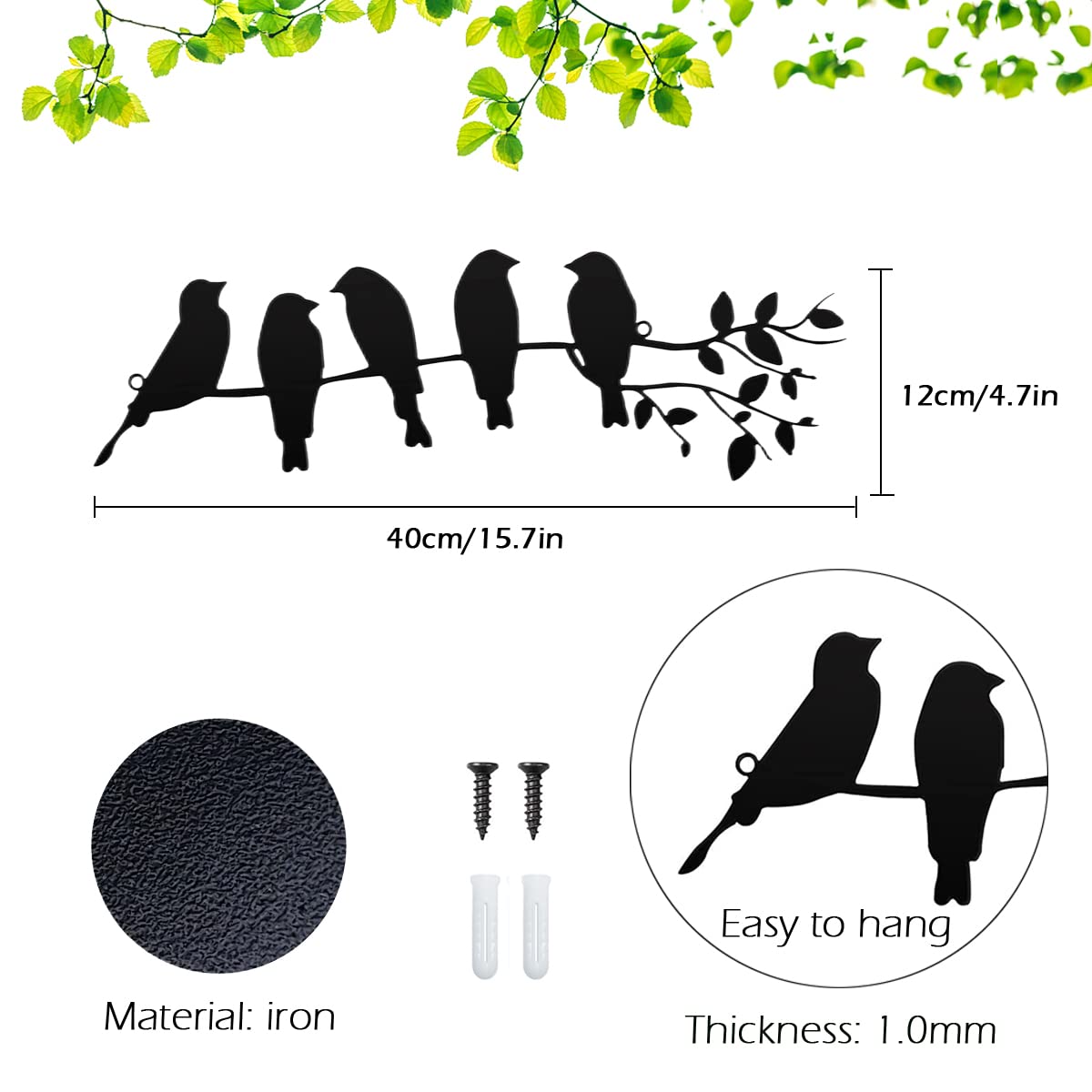 ruelen 4 stuks grote metalen vogels en takken kunst aan de muur, boom des levens metalen kunst aan de muur, kleurrijke bladeren met vogels silhouet hangende muursculptuur voor woonkamer thuis