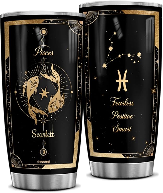 wowcugi Personalized Tumbler Zodiac Pisces Sign Astrology Tumbler Stainless Steel 20 Oz Insulated Travel Coffee Cup March Birthday Present Constellation Gifts for Women Men Best Friends Family