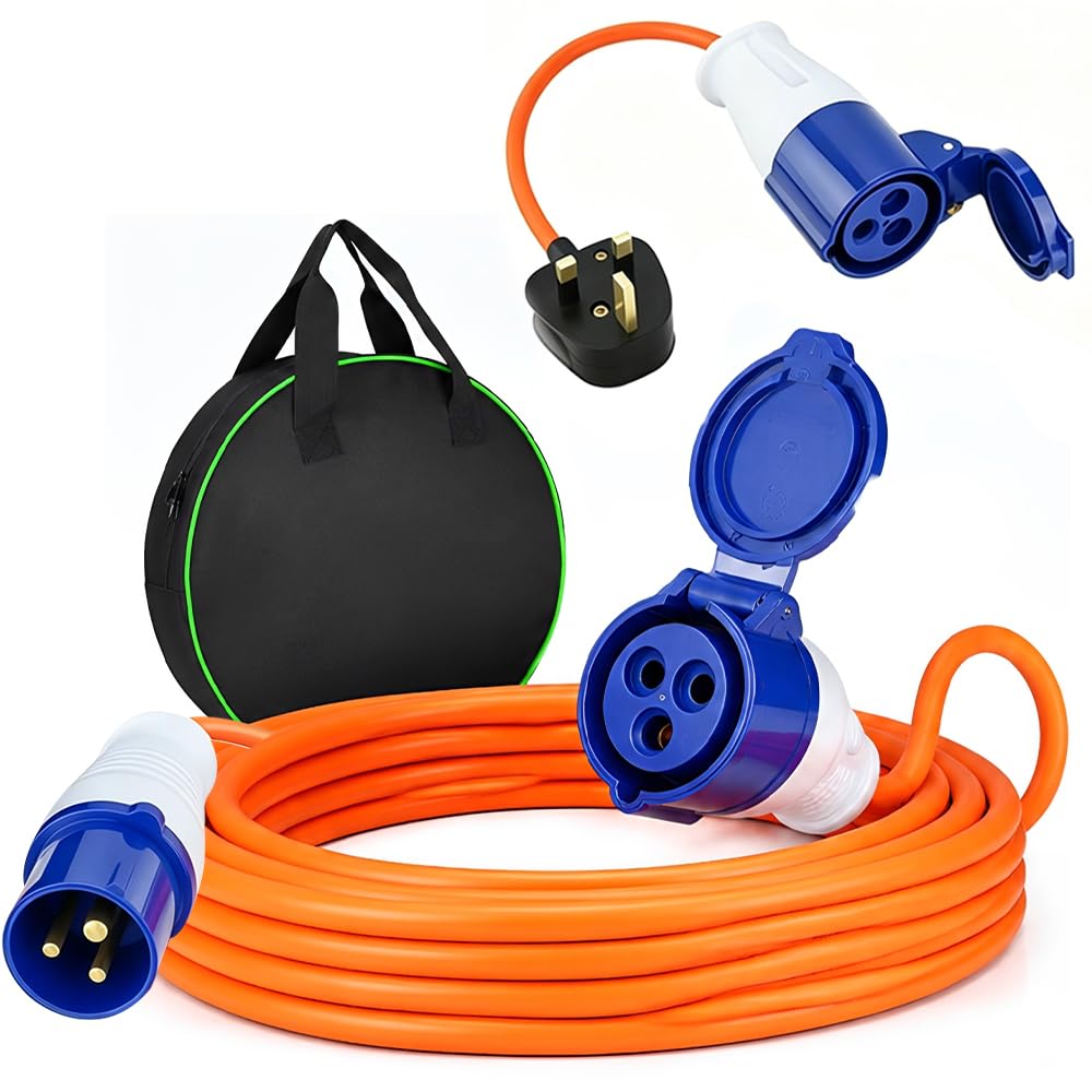 Cable de conexión de caravana de 10 m, cable de conexión eléctrico de camping de 240 V 16 A con convertidor de cable de 3 pines y bolsa de transporte, cable de extensión impermeable IP44 para