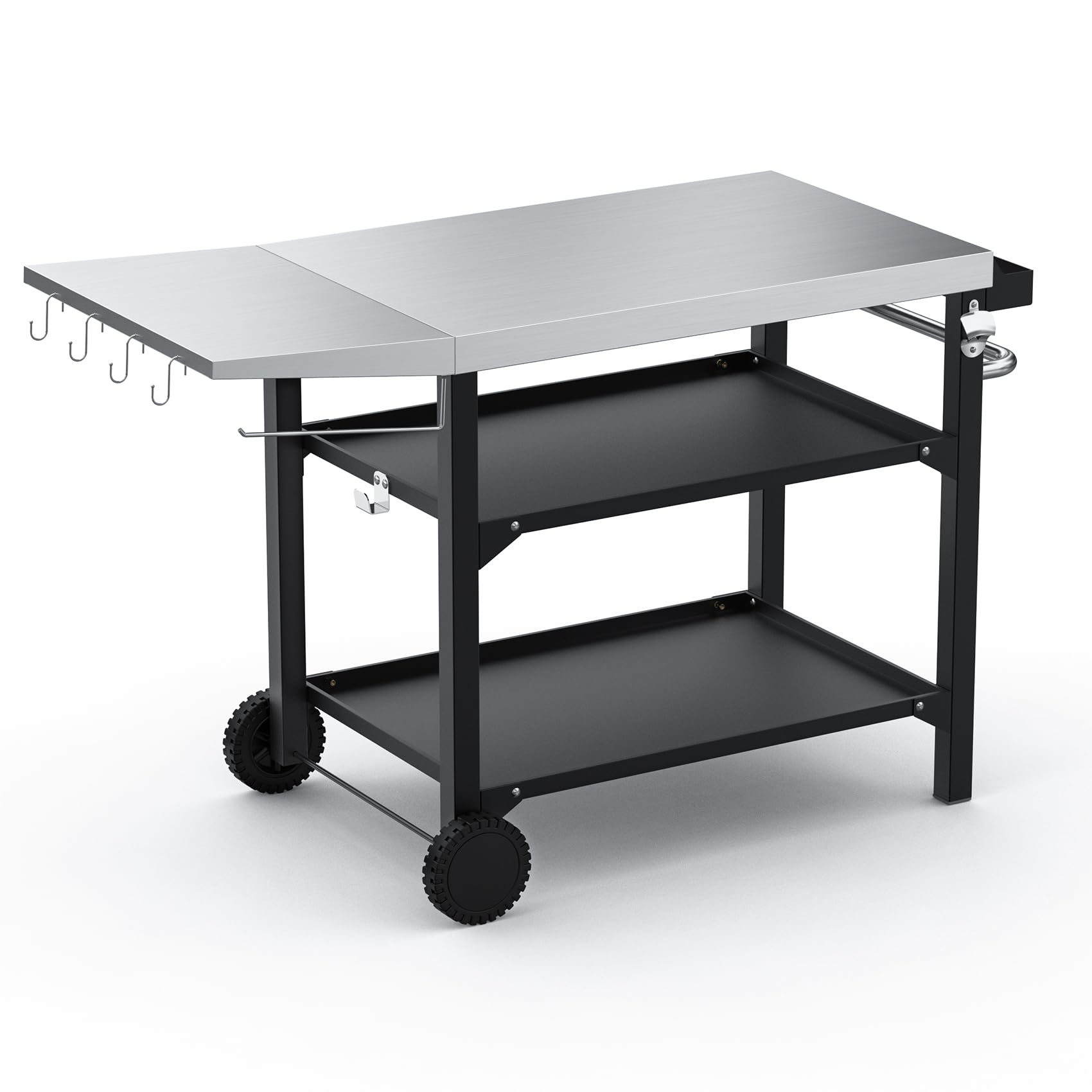 onlyfire Grillwagen 120cm mit Edelstahl Arbeitsplatte, Outdoor Grilltisch 3-Etagen für Pizzaofen und Gasgrill, Rollen und Servierwagen mit Gewürzbox, BBQ-Tisch, Outdoor Grill Trolley
