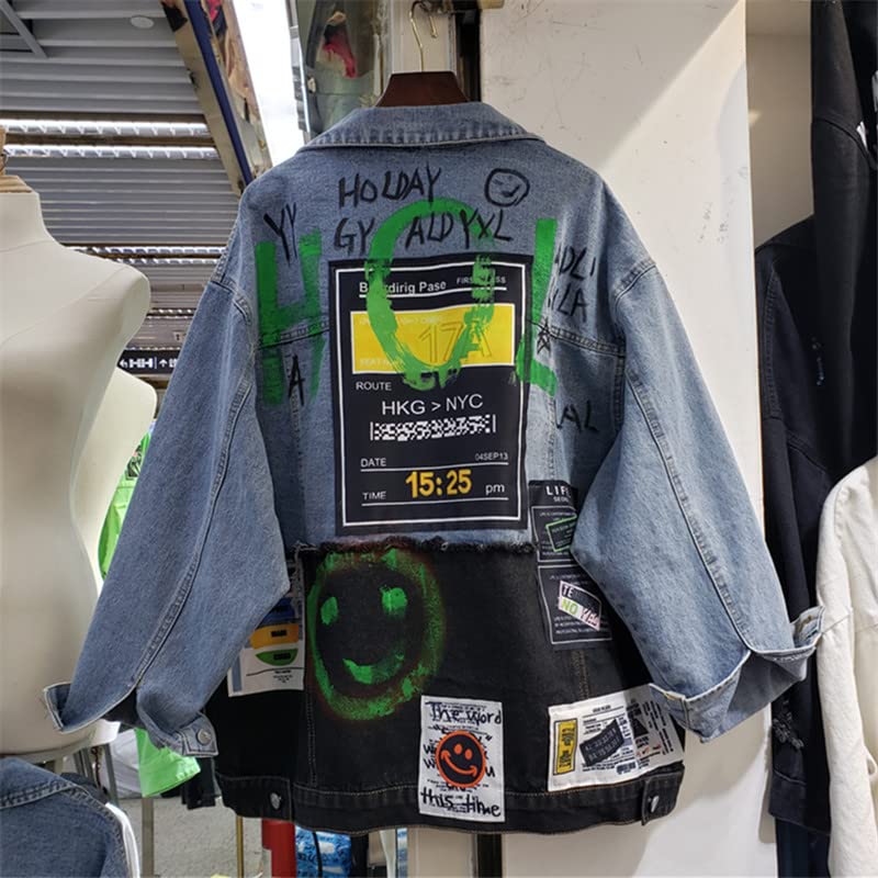 Jeans Jacket Women Streetwear Fashion Spliced Graffiti Print Denim Pocket Lapel Loose Patchwork Hip Hop Coat,Blue,M2