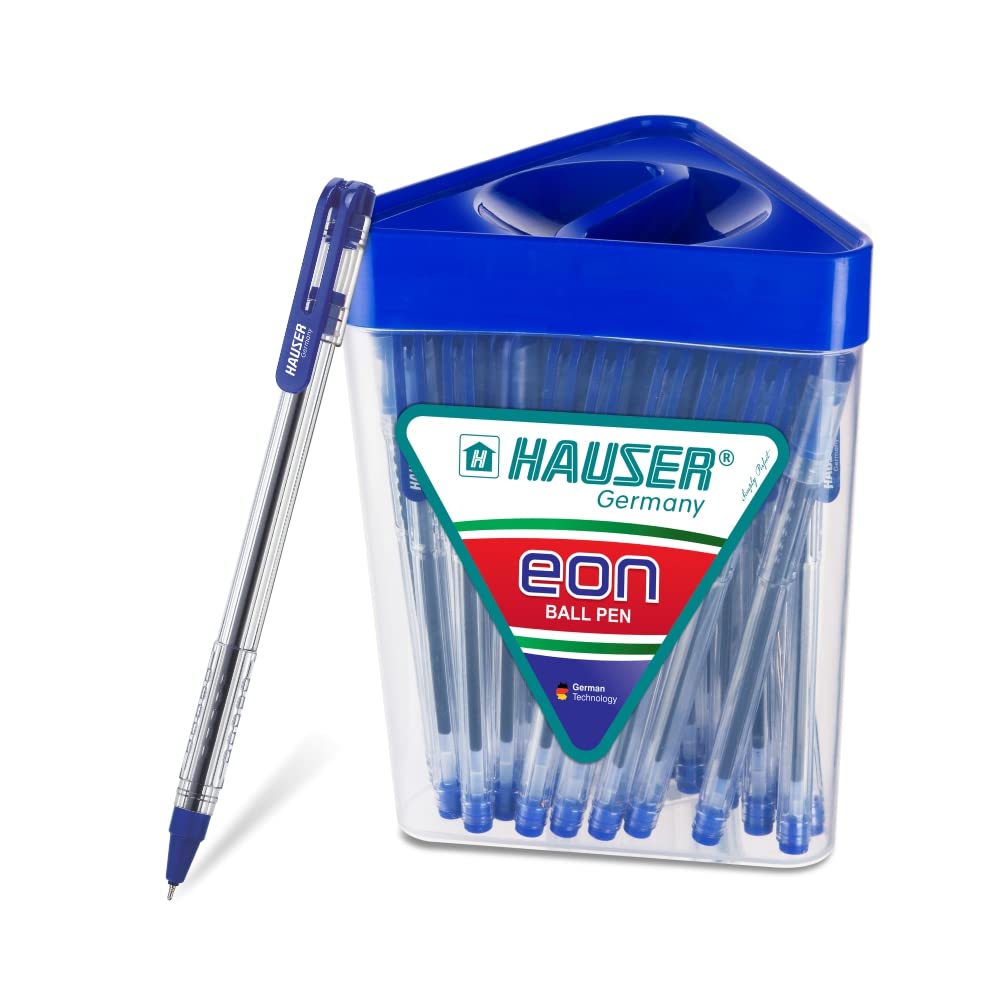 Hauser GermanyEon 0.7Mm Ball Pen Jar Pack|Light Weight With Comfortable Ergonimic Grip|Extra Smooth Refillable Pen|Waterproof Ink For Smudge Free Writing|Blue Ink,Pack Of 50 Ball Pen