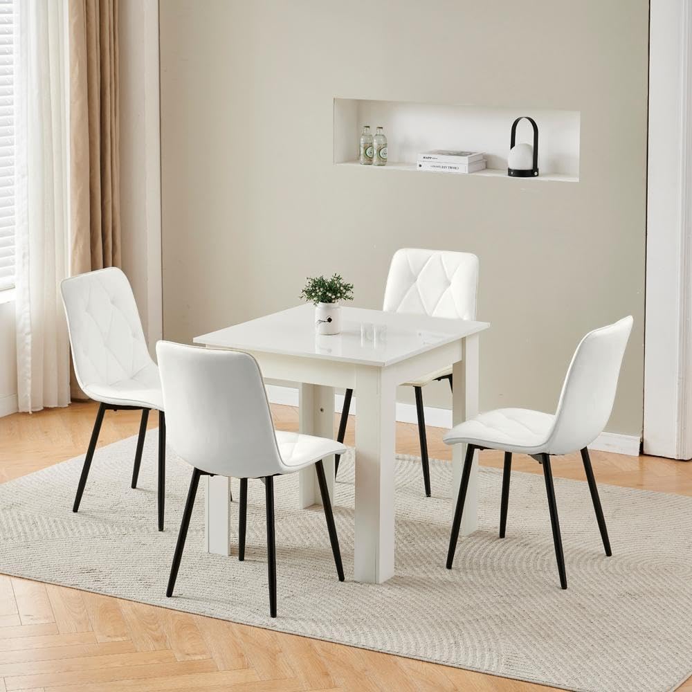 Homullel 75x75 cm Small Dining Table and 4 Chairs, 4 Seater Table and Chairs Set Kitchen Dining Room Set for 4, Compact, Space Saving, Wooden, Glossing Tabletop White (4 Seats, Velvet Diamond White)